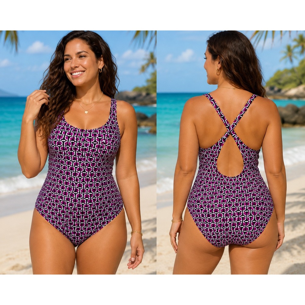 Lands End Women's One Piece Swimsuit Geometric Tummy Control Modest Bathing Suit